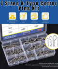 R Clip Cotter Pin Kit 110 Pcs In 304 Stainless Steel With 7 Sizes For Automotive Cars Trucks Lawn Mower DIY Friendly Gear For Small Engine Repair Glarks in open case showing organized pins.