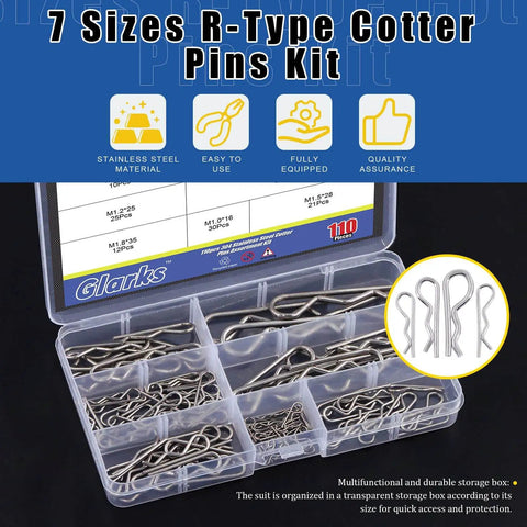 R Clip Cotter Pin Kit 110 Pcs In 304 Stainless Steel With 7 Sizes For Automotive Cars Trucks Lawn Mower DIY Friendly Gear For Small Engine Repair Glarks in open case showing organized pins.