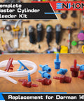 All in One Master Cylinder Brake Bleeder Kit with 22 Inch Hoses, Red and Blue Fittings, Tees, Clips, on wooden table