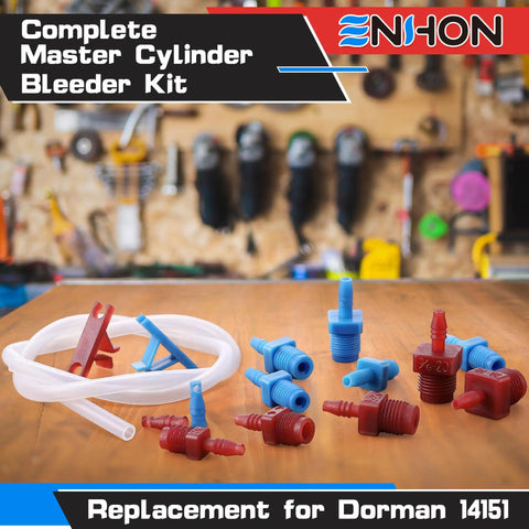 All in One Master Cylinder Brake Bleeder Kit with 22 Inch Hoses, Red and Blue Fittings, Tees, Clips, on wooden table