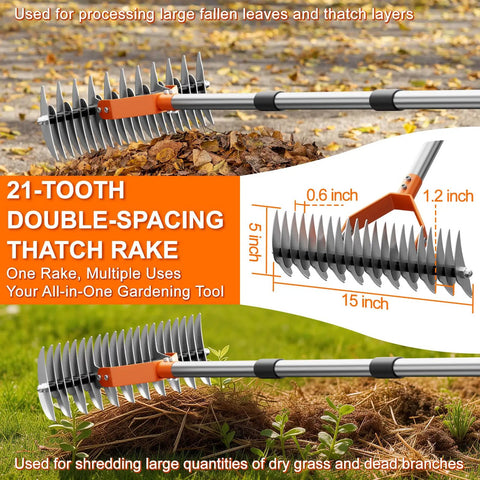 Heavy Duty Thatch Rake For Lawn With 68 Inch Adjustable Handle 15 Inch Dethatcher Rake Dual Action Tines diagram and application