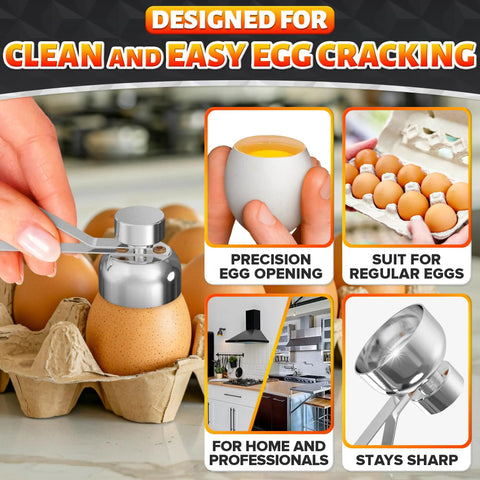 Egg Cracker Tool For Raw Eggs With Clean Cut No Mess Topper Keeps Yolks Intact And Fragments Low Durable Stainless Steel Egg Opener Easy Clean Kitchen Workhorse For Perfect Soft Boiled Or Fresh Eggs, used on an egg carton