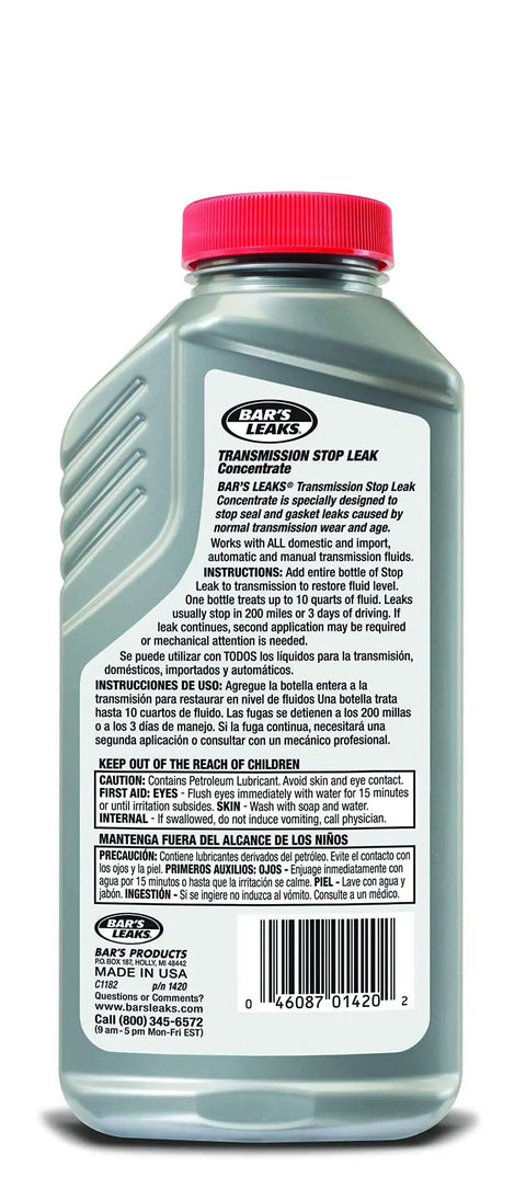 Back view of a bottle of Transmission Stop Leak 11 Oz Grey Sealer That Stops Leaks Restores Gaskets And Works With All Transmission Fluids