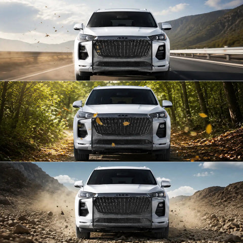 Heavy Grade Front Grille Mesh Shield For Tesla Cybertruck 2024 2025 2026 blocking dirt and debris on rugged terrain.
