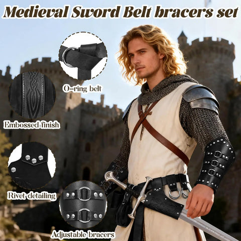 Epic Medieval Pirate Larp Sword Belt Set With Leather Bracers Skirt Hikes Sword Frog Holster And Coin Pouch shown with details