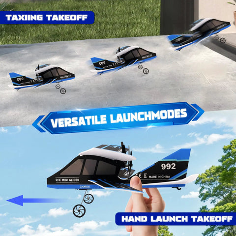 Remote Control Airplane For Beginners And Kids Eight To Twelve And Adults Easy To Fly Outdoor Jet Glider With Six Axis Gyro Stabilization And Durable MPP Material Built For Stable Flights And Fun Learning Black, showcasing versatile launch modes with taxing takeoff and hand launch options.