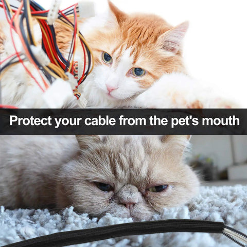 Cats near wires and Split Cable Sleeve Set For USB Chargers And Audio Video Cables, Black Wire Loom Tubing