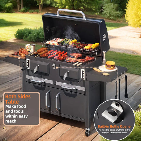 Two Independent Charcoal Grillin Zones With An Oversized 620 Square Inch Cooking Area Storage Cabinet Individual Lifting Charcoal Trays Foldable Side Tables And Built In Thermometer For Outdoor Patio Balcony