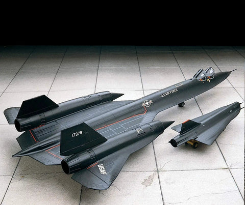 SR 71 Blackbird Model Kit 1 72 Scale With 66 Pieces Skill Level 4 Includes GTD 21 Surveillance Drone Cart Detailed Surface Details And Authentic US Air Force Markings Totally Great For Teen And Adult Builders model displayed on tiles