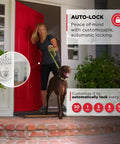 Woman exiting red door with dog, showing off Keyless Entry Smart Lock With Electronic Keypad Deadbolt Auto Lock And Custom User Codes
