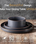Top Tier Real Deal 12 Piece Stoneware Dinnerware Set With Sleek Matte Finish Includes Four Dinner Plates Salad Dishes And Cereal Bowls Lead Free showing sizes 5.5, 8.0, and 10.5 inches.