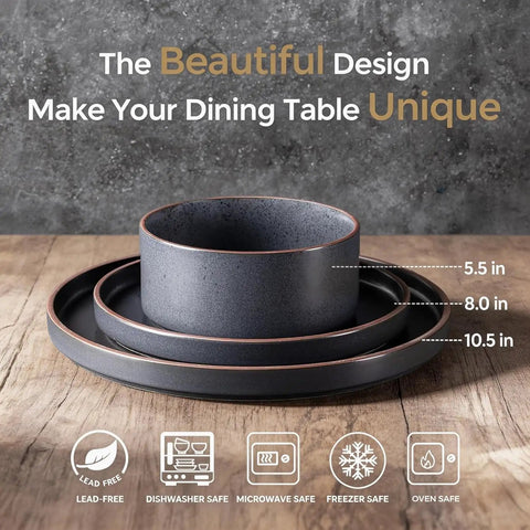 Top Tier Real Deal 12 Piece Stoneware Dinnerware Set With Sleek Matte Finish Includes Four Dinner Plates Salad Dishes And Cereal Bowls Lead Free showing sizes 5.5, 8.0, and 10.5 inches.