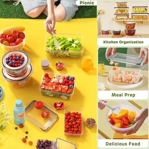 Forty Piece Airtight Food Storage Containers With Lids Set For Grab And Go Meal Prep And Kitchen Organization Leakproof Reusable Plastic Containers Microwave Safe And Dishwasher Safe Includes Labels And Pen Twenty Lids And Twenty Containers used for picnic and meal prep with fruits and vegetables