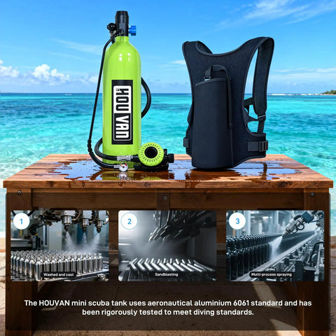 S700 1.9L Mini Scuba Tank DOT Certified Reusable Diving Cylinder Kit on wooden table with ocean background.
