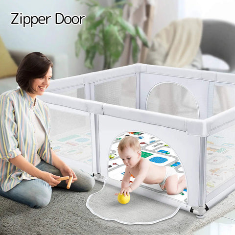 Extra Large Baby Playpen With Mat 79 By 71 Inches For Toddlers And Infants Safety Gate Play Yard in light gray with zipper door