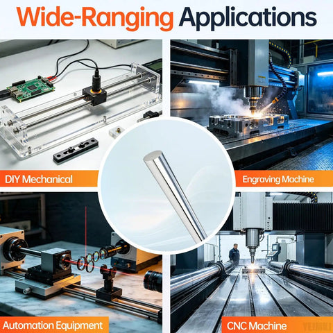 Precision 8mm x 400mm Linear Motion Rods Shaft Guide showcased in various applications including DIY, CNC, and engraving.