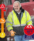 Man wearing Hi Vis Safety GloWear 8377 Type R Class 3 Unisex Bomber Jacket Lime Quilted Insulated Coat in cold weather