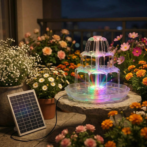 6.5W Solar Bird Bath Fountain With Lights on patio, 3 tier DIY water feature, detachable solar pump, surrounded by flowers at night