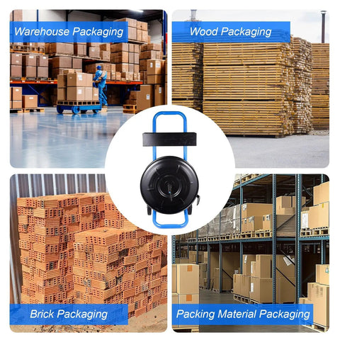 Heavy Duty Strapping Cart Rolling Dispenser Stand For 8 Inch Poly And Steel Coils Smart Mobile Workstation Keeping Gear Within Arm Reach For Pain Free Packouts Today, shown with various packaging materials.