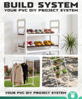 DIY projects using PVC pipes in shelving, clothing rack, and plant stand setups.