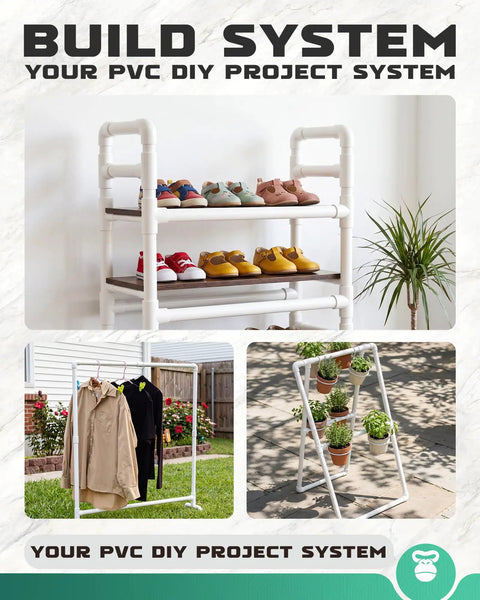 DIY projects using PVC pipes in shelving, clothing rack, and plant stand setups.