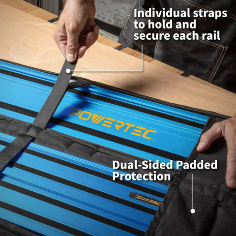 Shop Favorite Track Saw Guide Rail Extender Kit Featuring Two 55 Inch Aluminum Tracks with secure straps and padded protection.