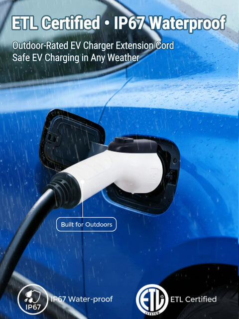 Heavy Duty 17 Ft Ev Charger Extension Cable 50A Sae J1772 Plug And Play 240V Level 2 Fast Charging IP67 Waterproof connection in rain.