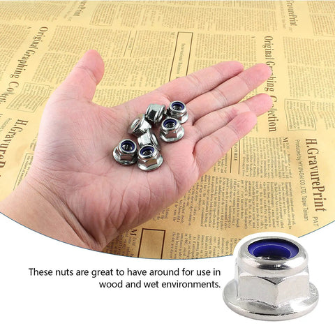 20 Piece M6 Self Locking Nut Set With Flange in hand, 304 stainless steel nylon insert anti loosening nuts, bright finish