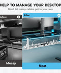 Before and after of Extendable Under Desk Cable Management Tray with Clamp on Cord Organizer for Office and Gaming Setups, White Metal.