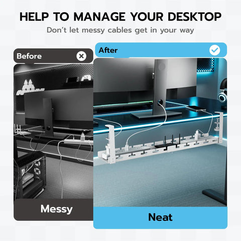 Before and after of Extendable Under Desk Cable Management Tray with Clamp on Cord Organizer for Office and Gaming Setups, White Metal.