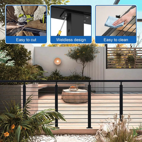 8 Ft Stainless Steel Cable Railing Handrail With Black Flat Top Rectangular Profile And End Caps in an outdoor setting