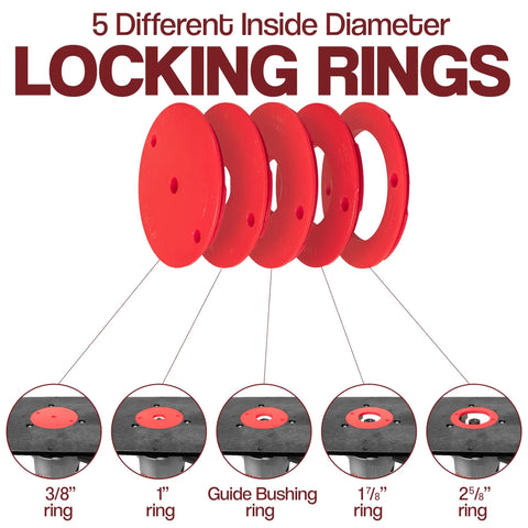 Five Pack Locking Reducer Rings For Router Plate Upgrade Professional Grade red rings with different sizes for precise fitting.