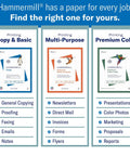 Hammermill paper range including Copy & Basic, Multi-Purpose, and Premium Color for various printing needs.