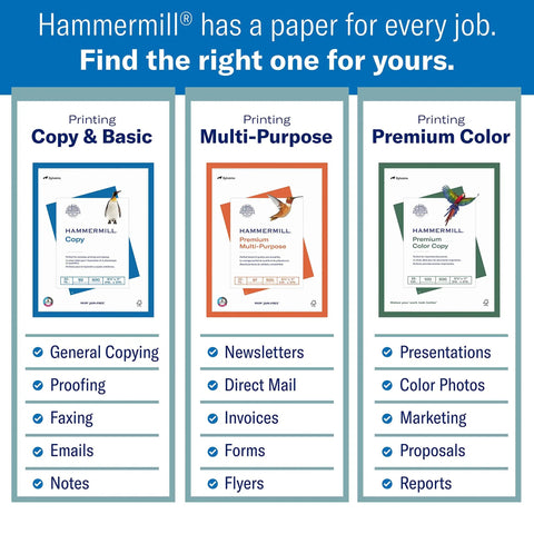 Hammermill paper range including Copy & Basic, Multi-Purpose, and Premium Color for various printing needs.