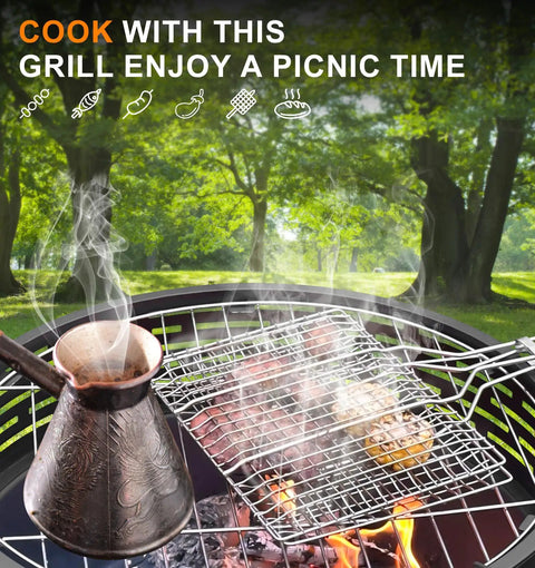23 Inch Cast Iron Round Fire Pit With Grill And Flat Lid 3 In 1 Outdoor Fire Bowl Table Wood Burning Bonfire Pit in use for BBQ