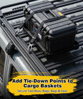 Roof rack with heavy duty T track mount tie down anchor and secured cargo box with straps.