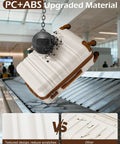 Carry-on luggage: beige-brown ABS+PC hardshell with spinner wheels.