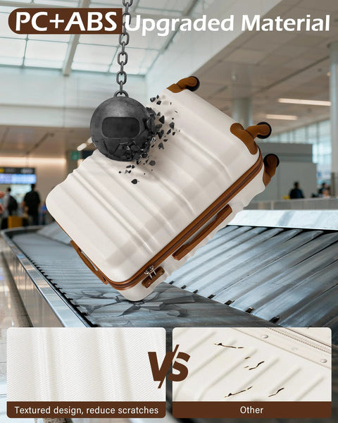 Carry-on luggage: beige-brown ABS+PC hardshell with spinner wheels.