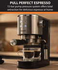 Heavy Duty 15 Bar Espresso Maker With Sca Certified Precision Temperature Control And Sleek Automatic Milk Frother Plus Fast Heat Cup Warmer For Real Deal Home Barista Magic with espresso shot in two glass cups.