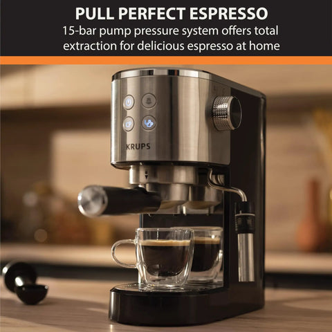 Heavy Duty 15 Bar Espresso Maker With Sca Certified Precision Temperature Control And Sleek Automatic Milk Frother Plus Fast Heat Cup Warmer For Real Deal Home Barista Magic with espresso shot in two glass cups.
