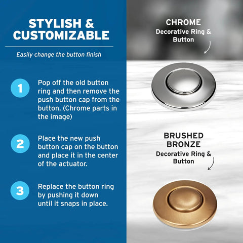 Instructions to replace Chrome and Brushed Bronze sink push buttons, highlighting customization options for kitchen upgrade.