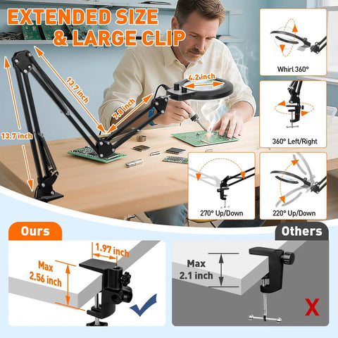 12X Magnifying Glass With Light And Stand, Extra Long Arm Overhead Magnifier For Workbench Crafting And Sewing with LED and clamp