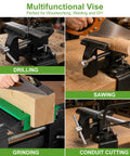 Shop Beast 4.5 Inch Bench Vise With Zero Drill Clamping Base for workbench, showcasing drilling, sawing, grinding, conduit cutting in use.