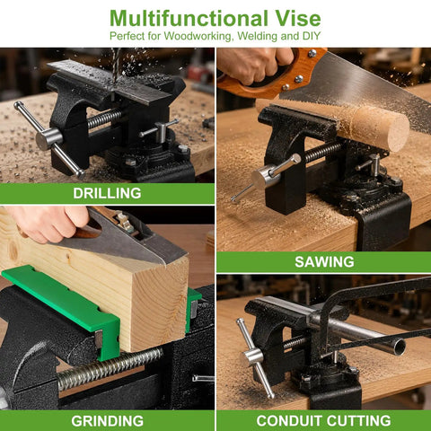Shop Beast 4.5 Inch Bench Vise With Zero Drill Clamping Base for workbench, showcasing drilling, sawing, grinding, conduit cutting in use.