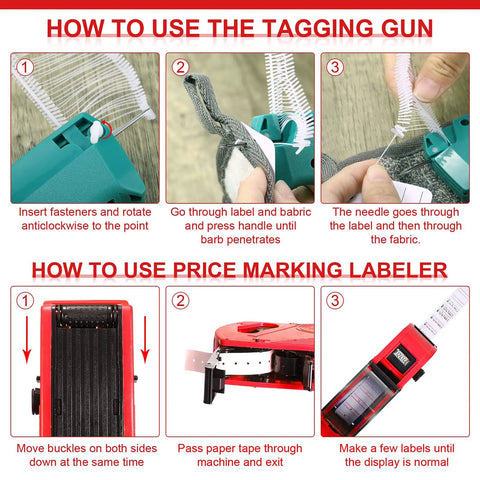 Instructions for using Big Batch Clothing Price Tag Kit With Garment Label Applicator Parts Ink Rollers Plastic Barbs And Paper Tags.