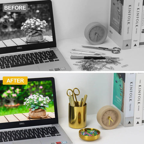 Before and after of desk featuring Gold Desk Organizer Set For Office 2-Piece Luxury Paper Clip And Pencil Holder Cup Metal Makeup Brush Holder Decorative Desktop Accessories For A Sleek Clutter-Free Workspace.