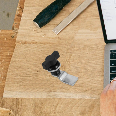 Black T Handle Cam Lock For Cabinets And Boxes Easy To Install And Use, made from ABS and metal, shown on wooden surface.