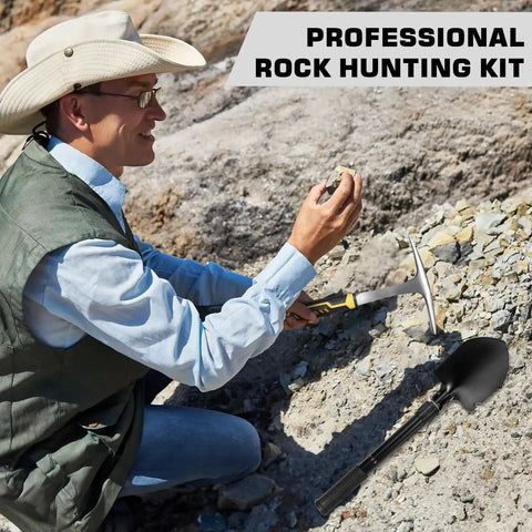 Person using Heavy Duty 26oz Rockhounding Kit With 12-Inch Folding Multitool Shovel Survival Bracelet Safety Glasses Jewelers Loupe Gloves For Prospecting Gold Mining Stone Breaking Pry Rocks And Loosen Soil outdoors