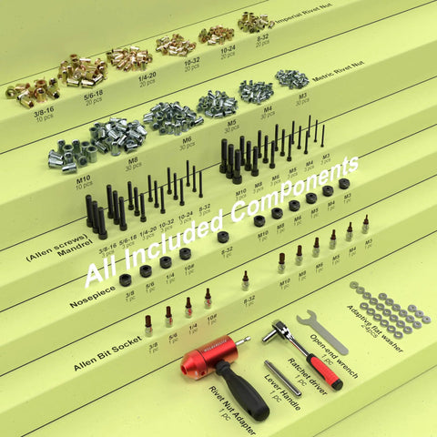 Complete Rivet Nut Drill Adapter Kit with Dual Drive Modes; 270 nuts, 36 mandrels, ratchet wrench, red adapter, and components