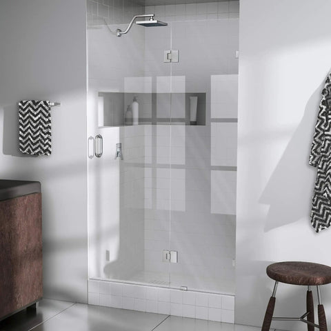 Frameless Shower Door Hinge With Enduroshield Glass Coating In Polished Brass Finish For 78 Inch By 45.5 Inch Shower Enclosure, Heavy Duty Hardware, Easy Install, Modern Bathroom Upgrade, shown on clear glass door